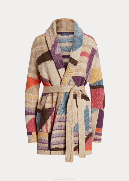 tan multi Kvinder Ralph Lauren geo-motiv sjal cardigan i hør-blanding Z426B3227