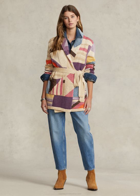 tan multi Kvinder Ralph Lauren geo-motiv sjal cardigan i hør-blanding Z426B3227