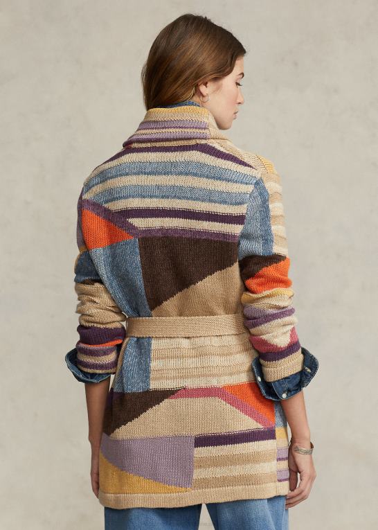 tan multi Kvinder Ralph Lauren geo-motiv sjal cardigan i hør-blanding Z426B3227