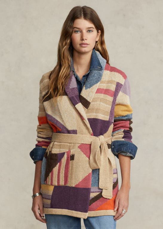 tan multi Kvinder Ralph Lauren geo-motiv sjal cardigan i hør-blanding Z426B3227