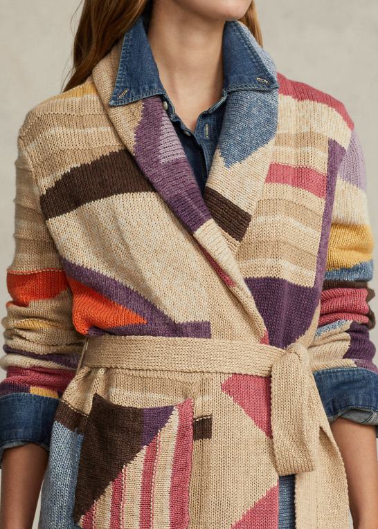 tan multi Kvinder Ralph Lauren geo-motiv sjal cardigan i hør-blanding Z426B3227