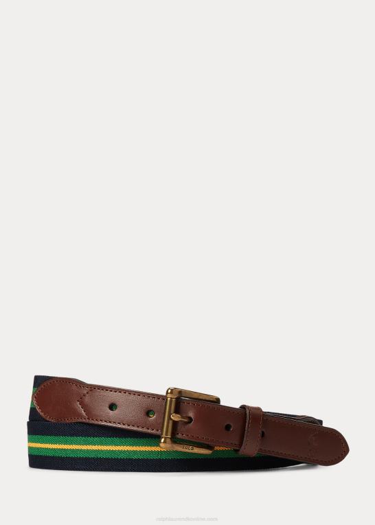 grøn/marine Mænd Ralph Lauren stribet bælte med læderkant Z426B2346