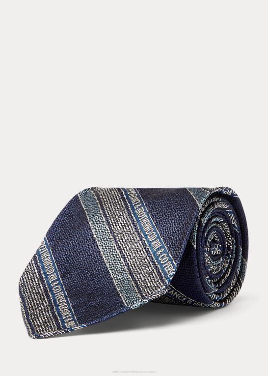 marineblå/lyseblå/creme Mænd Ralph Lauren håndlavet logo-stribet silkeslips Z426B8837