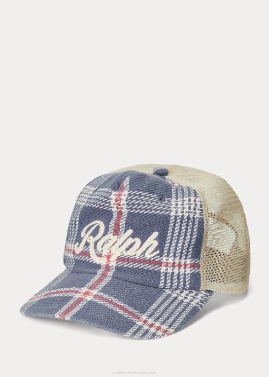 marineblå/råhvid multi Mænd Ralph Lauren broderet plaid trucker kasket Z426B2463