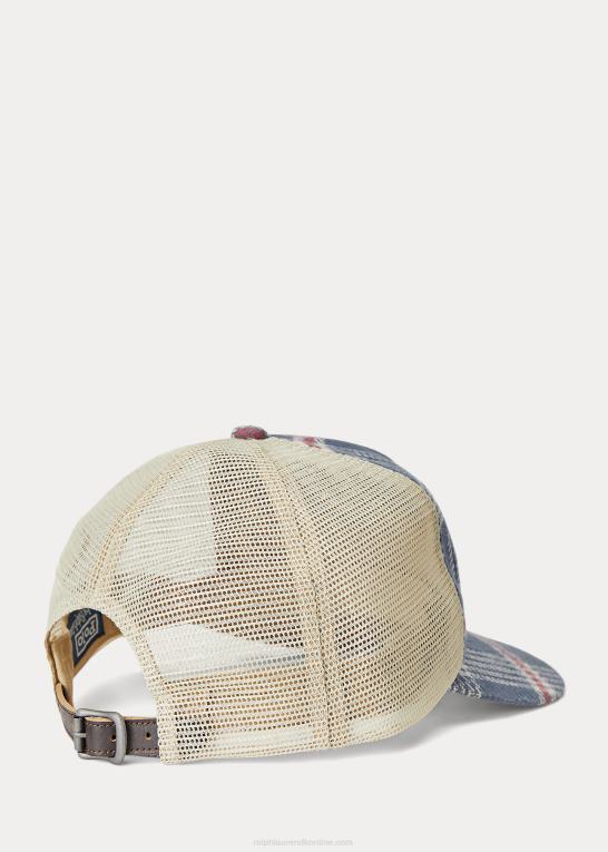 marineblå/råhvid multi Mænd Ralph Lauren broderet plaid trucker kasket Z426B2463