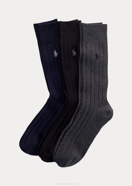 sort assorteret Mænd Ralph Lauren kæmmet bomuldsribsok 3-pak Z426B8799