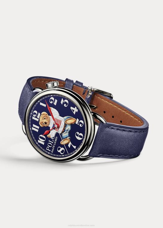 blå skive Mænd Ralph Lauren siddende polobjørn 42 mm stålur Z426B2798