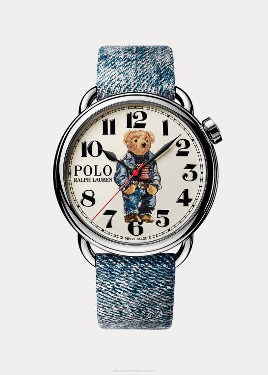 hvid skive Mænd Ralph Lauren 42 mm denim flag polobjørn ur Z426B2800