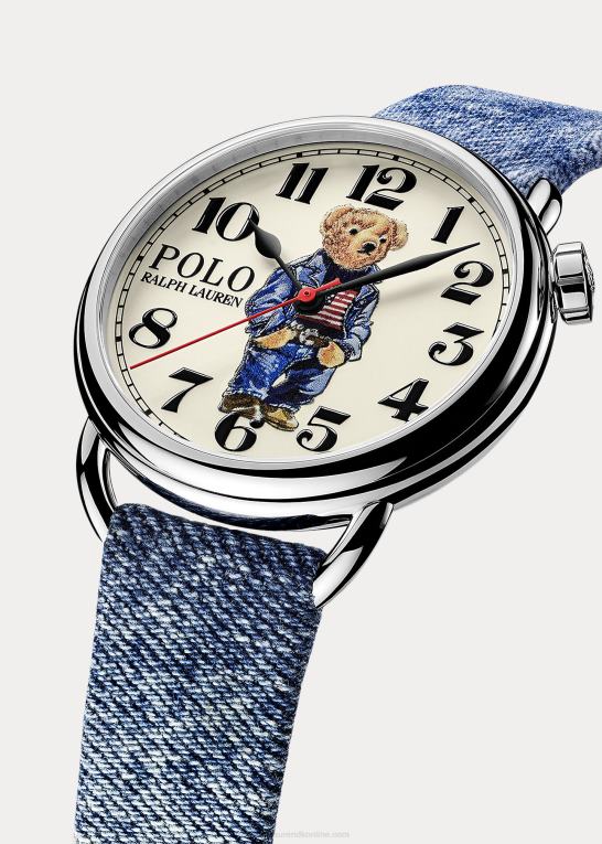 hvid skive Mænd Ralph Lauren 42 mm denim flag polobjørn ur Z426B2800