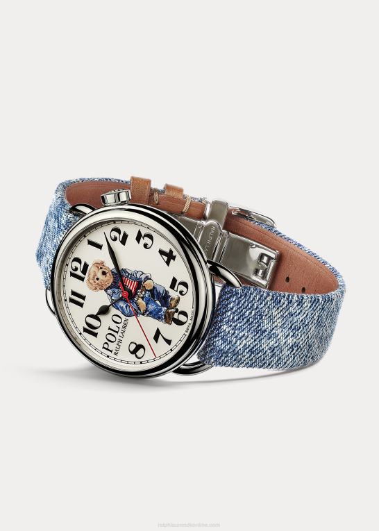 hvid skive Mænd Ralph Lauren 42 mm denim flag polobjørn ur Z426B2800