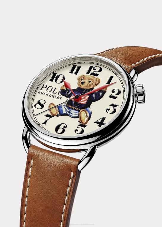 hvid skive Mænd Ralph Lauren siddende polobjørn 42 mm stålur Z426B2799