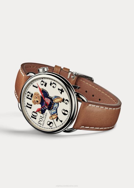 hvid skive Mænd Ralph Lauren siddende polobjørn 42 mm stålur Z426B2799