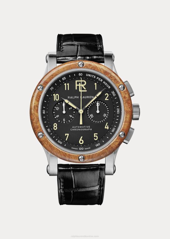 sort skive m/chrono Mænd Ralph Lauren 42 mm kronograf stål træramme Z426B2835