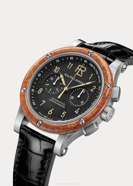 sort skive m/chrono Mænd Ralph Lauren 42 mm kronograf stål træramme Z426B2835
