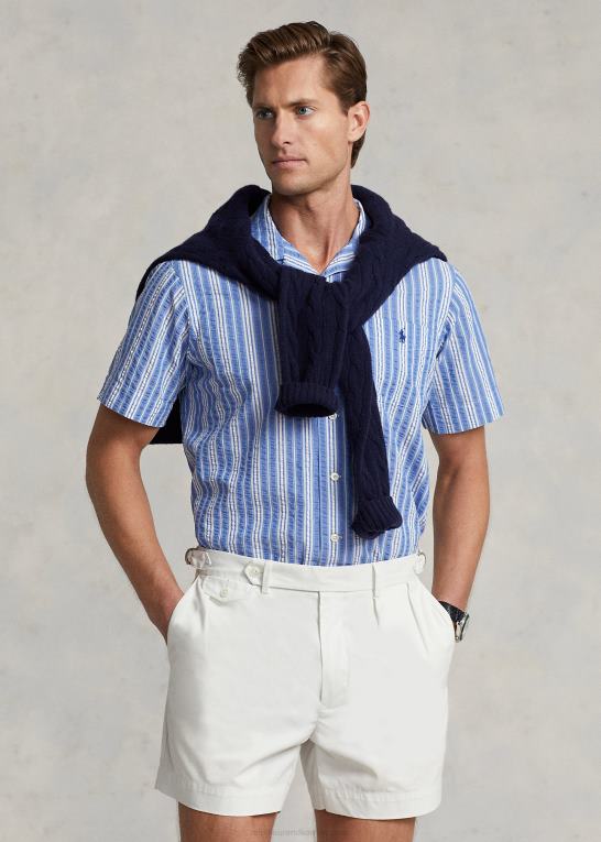 blå/hvid Mænd Ralph Lauren klassisk pasform stribet seersucker skjorte Z426B530