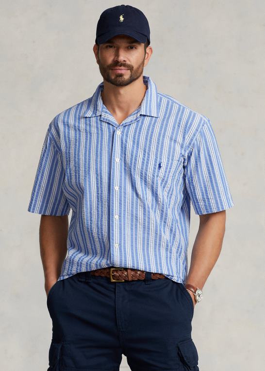 blå/hvid Mænd Ralph Lauren stribet seersucker skjorte Z426B1476
