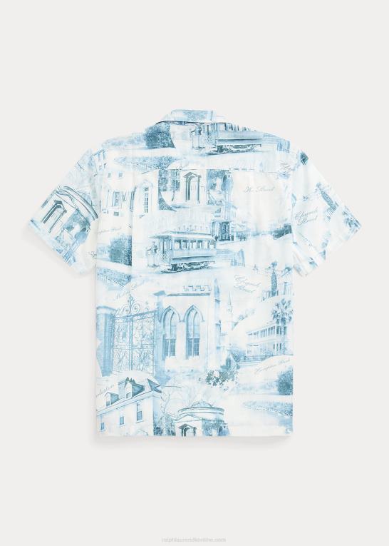 creme/blå Mænd Ralph Lauren postkort-tryk hør-bomuld lejr skjorte Z426B1762