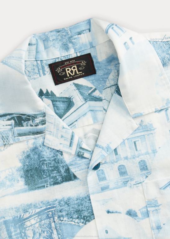 creme/blå Mænd Ralph Lauren postkort-tryk hør-bomuld lejr skjorte Z426B1762