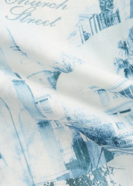 creme/blå Mænd Ralph Lauren postkort-tryk hør-bomuld lejr skjorte Z426B1762
