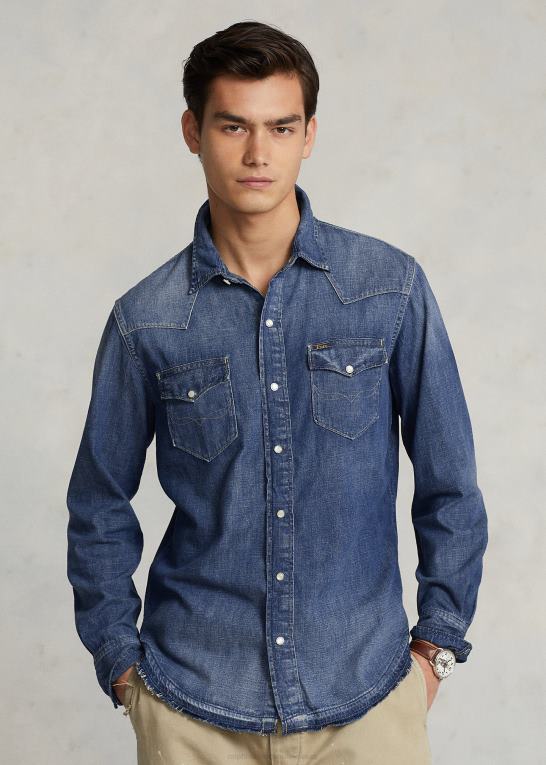 flåde Mænd Ralph Lauren westernskjorte i denim med flosset søm Z426B1205