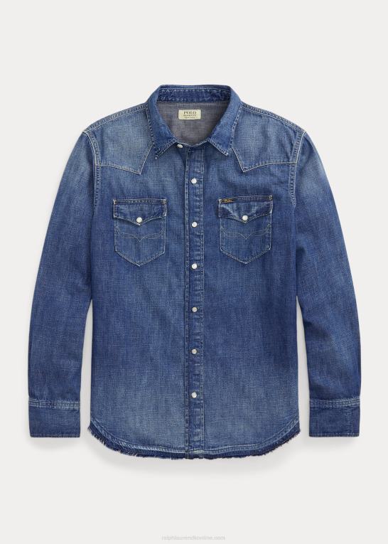 flåde Mænd Ralph Lauren westernskjorte i denim med flosset søm Z426B1205