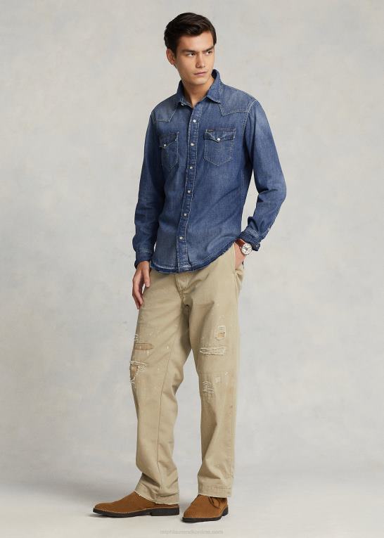 flåde Mænd Ralph Lauren westernskjorte i denim med flosset søm Z426B1205