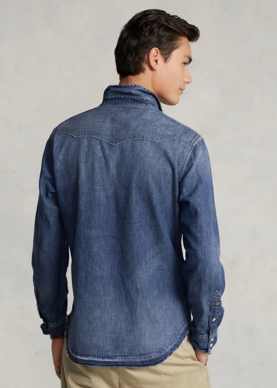 flåde Mænd Ralph Lauren westernskjorte i denim med flosset søm Z426B1205