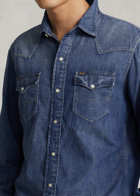 flåde Mænd Ralph Lauren westernskjorte i denim med flosset søm Z426B1205