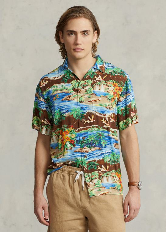 flyvende fiskeparadis Mænd Ralph Lauren klassisk pasform lejrskjorte med tropisk tryk Z426B877
