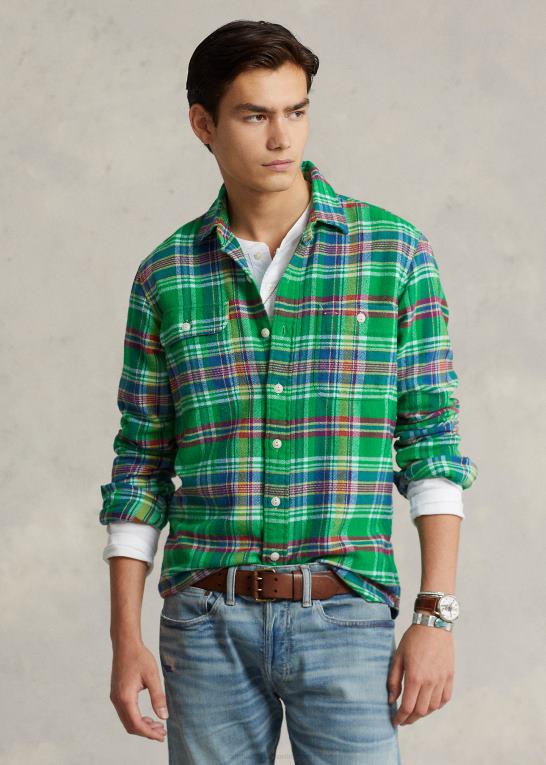 grøn/gul multi Mænd Ralph Lauren klassisk pasform plaid flannel arbejdsskjorte Z426B1064