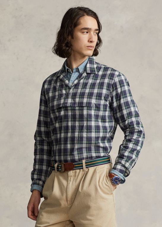 grøn/gul multi Mænd Ralph Lauren klassisk pasform plaid popover skjorte i poplin Z426B1271
