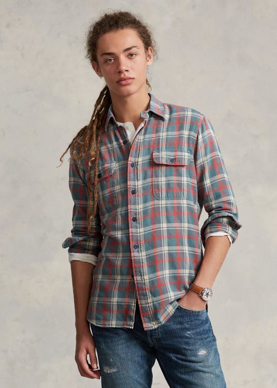 grøn/råhvid mult Mænd Ralph Lauren arbejdsskjorte i plaid hør i klassisk pasform Z426B1149