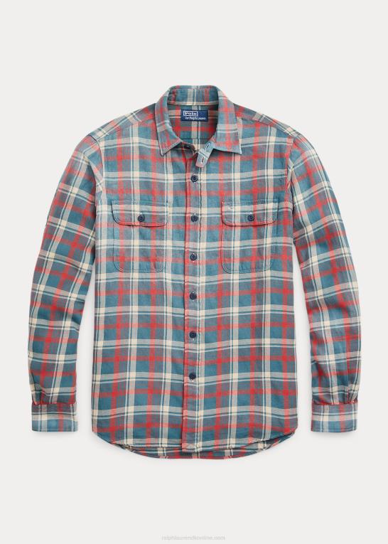 grøn/råhvid mult Mænd Ralph Lauren arbejdsskjorte i plaid hør i klassisk pasform Z426B1149