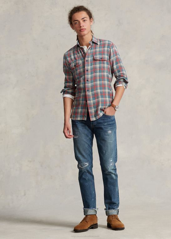 grøn/råhvid mult Mænd Ralph Lauren arbejdsskjorte i plaid hør i klassisk pasform Z426B1149