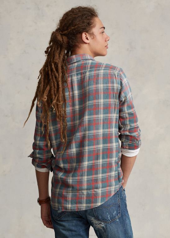 grøn/råhvid mult Mænd Ralph Lauren arbejdsskjorte i plaid hør i klassisk pasform Z426B1149