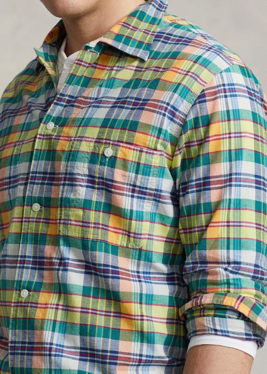gul/grøn multi Mænd Ralph Lauren klassisk pasform indigo madras skjorte Z426B8385