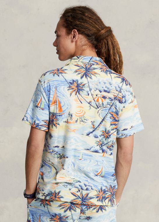 hawaiiansk strandbasar Mænd Ralph Lauren tilpasset slank frottéskjorte med tropisk tryk Z426B762