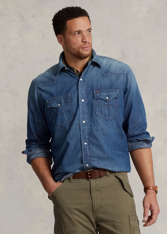 hocking ldh Mænd Ralph Lauren westernskjorte i denim med flosset søm Z426B1479
