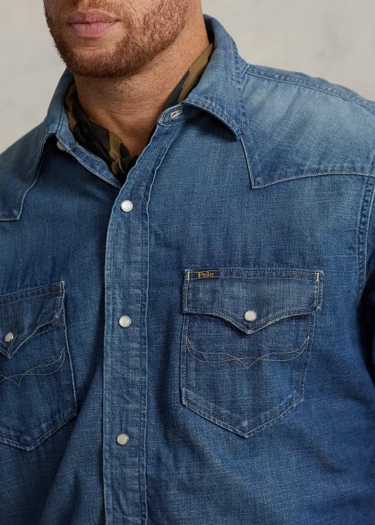 hocking ldh Mænd Ralph Lauren westernskjorte i denim med flosset søm Z426B1479