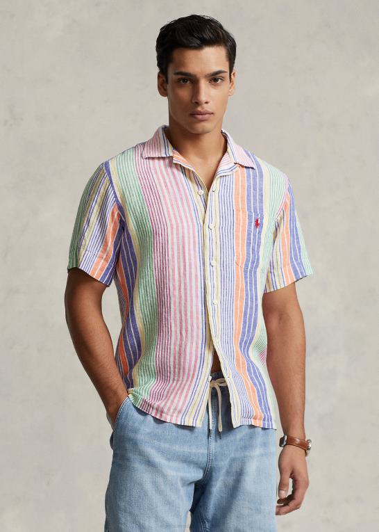 hvid/kongelig multi Mænd Ralph Lauren klassisk pasform stribet linned camp skjorte Z426B1009