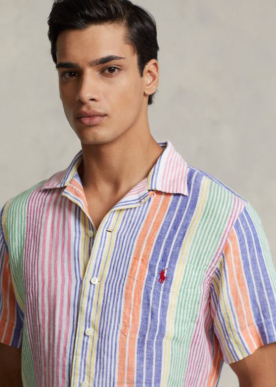 hvid/kongelig multi Mænd Ralph Lauren klassisk pasform stribet linned camp skjorte Z426B1009