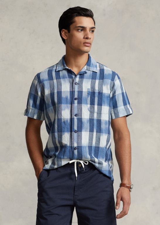 indigo Mænd Ralph Lauren klassisk pasform lejrskjorte i hør-bomuld Z426B649