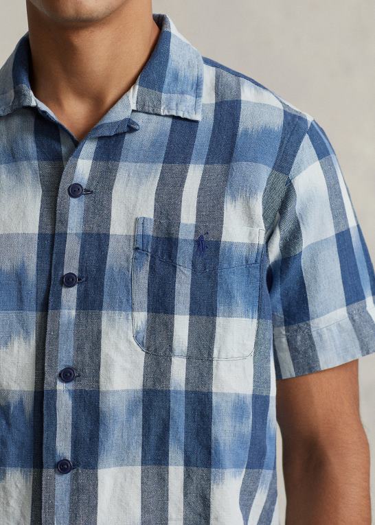 indigo Mænd Ralph Lauren klassisk pasform lejrskjorte i hør-bomuld Z426B649