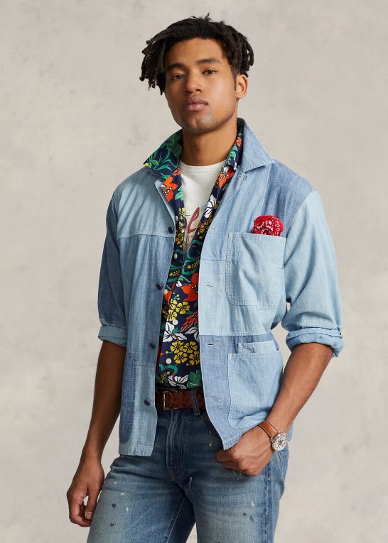 indigo Mænd Ralph Lauren klassisk pasform patchwork chambray skjorte Z426B957