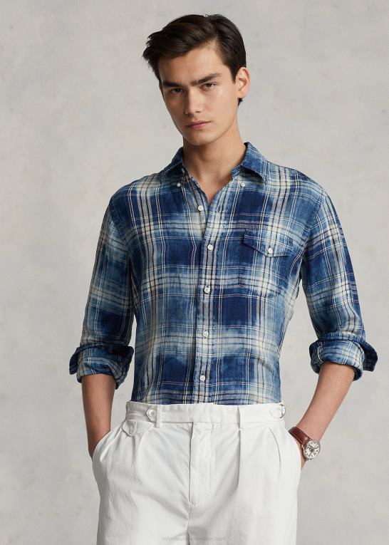 indigo hvid multi Mænd Ralph Lauren klassisk pasform plaid hørskjorte Z426B1148