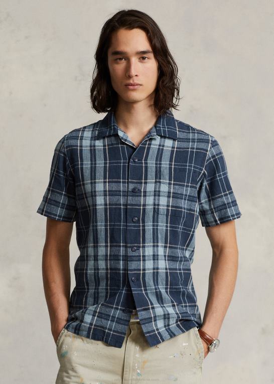 indigo kaki Mænd Ralph Lauren klassisk pasform plaid poplin camp skjorte Z426B767