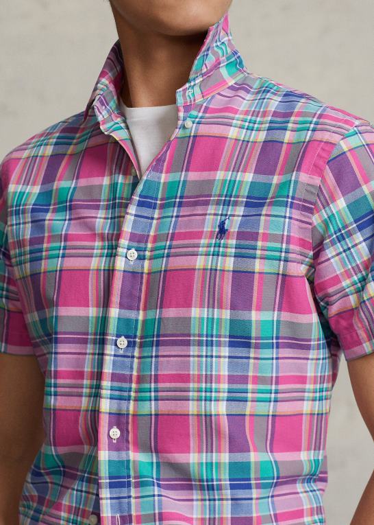 mørk pink/grøn multi Mænd Ralph Lauren klassisk pasform plaid oxford skjorte Z426B1080