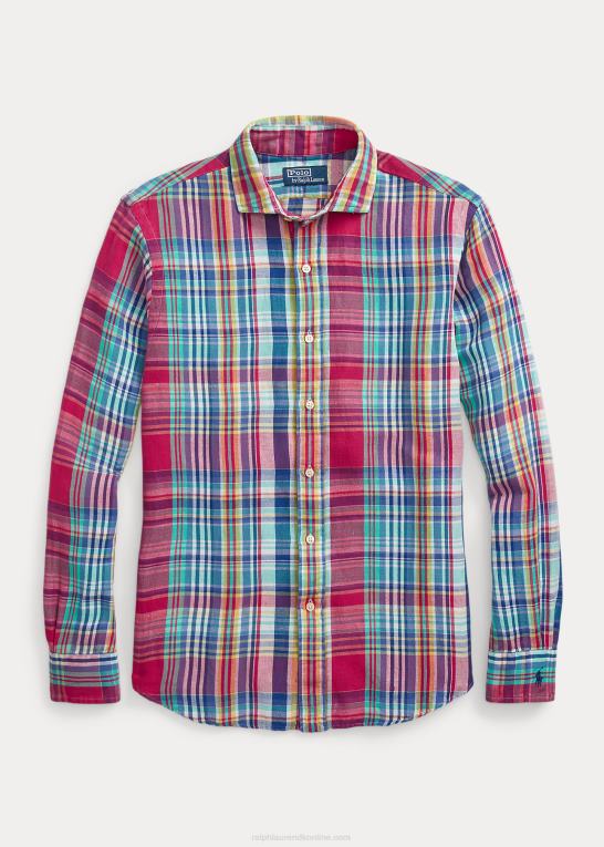 mørk pink/marineblå multi Mænd Ralph Lauren klassisk pasform plaid hør-bomuldsskjorte Z426B945