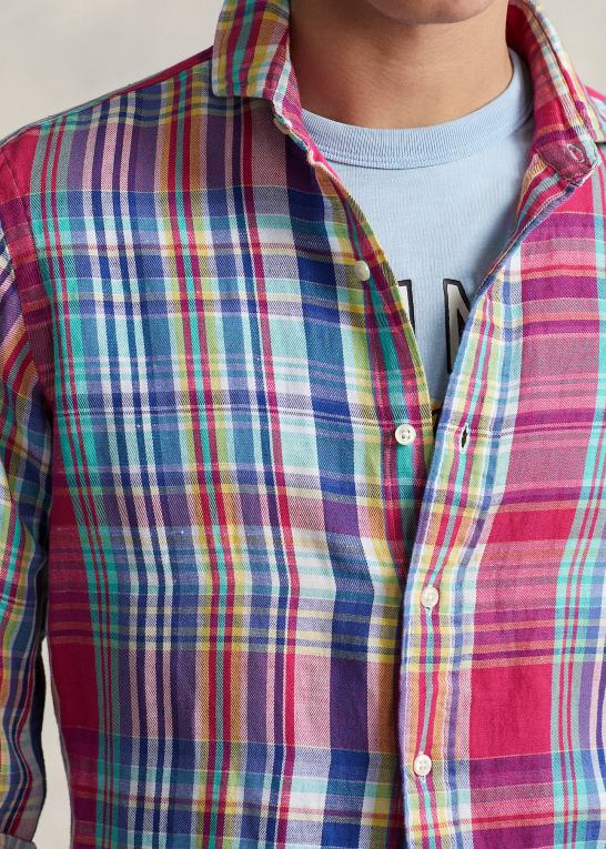 mørk pink/marineblå multi Mænd Ralph Lauren klassisk pasform plaid hør-bomuldsskjorte Z426B945