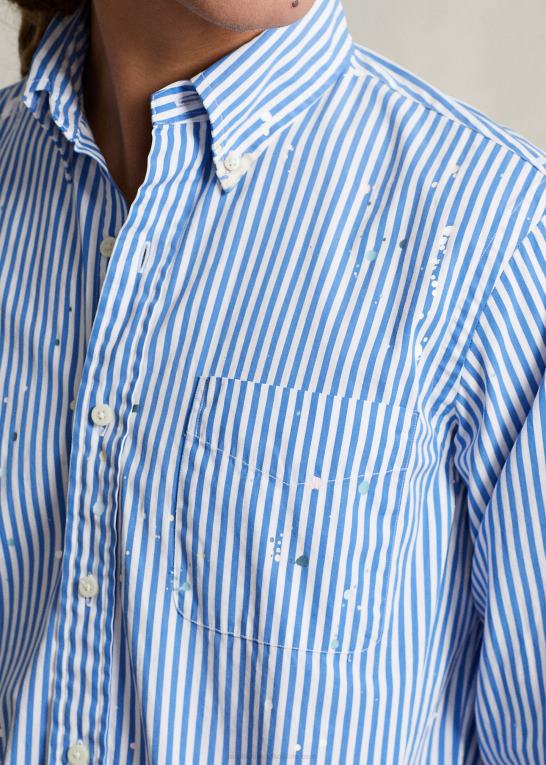 marineblå/hvid Mænd Ralph Lauren klassisk pasform maling-splatter poplin skjorte Z426B1044